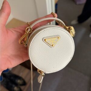 Prada Cream Round coin purse with Gold Accents - Saffiano Leather Mini Bag